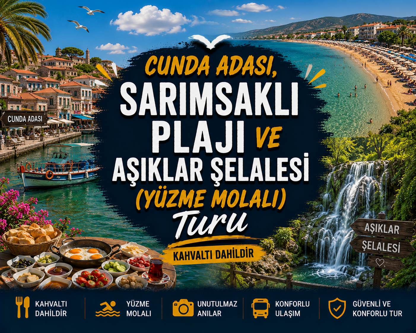 Cunda Adası, Sarımsaklı Plajı ve Aşıklar Şelalesi (Yüzme Molalı)